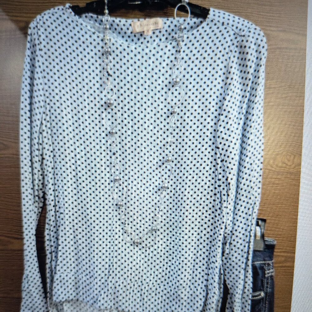 SIZE M PHILOSOPHY Blue & Black Polka Dot Long Sleeve Blouse INVPV78